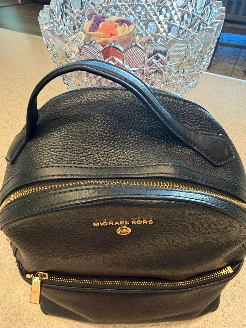 Michael Kors Black Pebbled Leather Backpack with Gold Accents